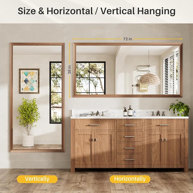72x36 Inch Bathroom Mirror for Wall, Anti-Rust Walnut Wood Grain Metal Framed - Image 7