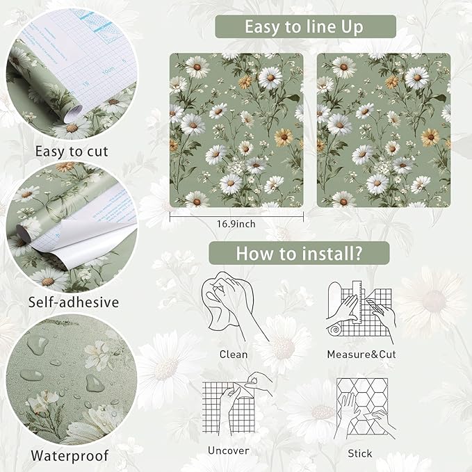 Livebor Floral Peel and Stick Wallpaper Green Flower Wallpaper Peel and Stick - Image 6