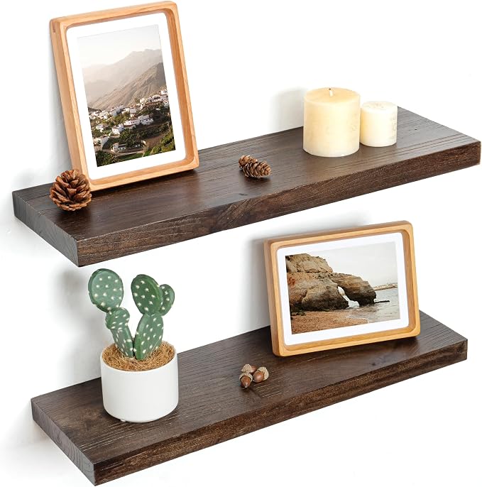 Floating Shelves for Wall Decor, 8 Inch Deep Rustic Solid Elm Wood Floating by FLYJOE