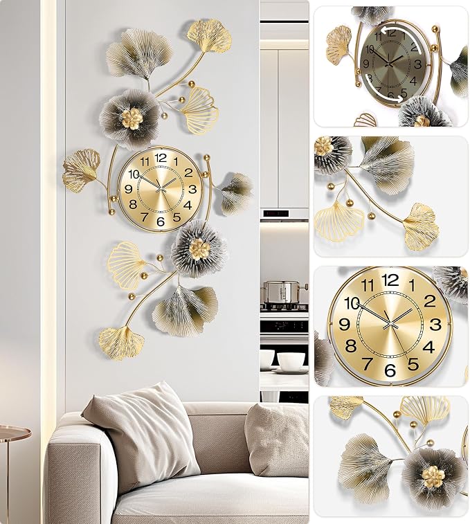 Wall Clocks for Living Room Decor, Large Wall Clock, 3D Creative Metal Ginkgo - Image 4