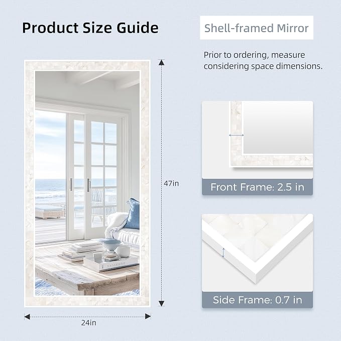 Tanmicoshomy 24 x 47 Inch White Rectangle Wall Mirror, Natual Shell Framed - Image 3