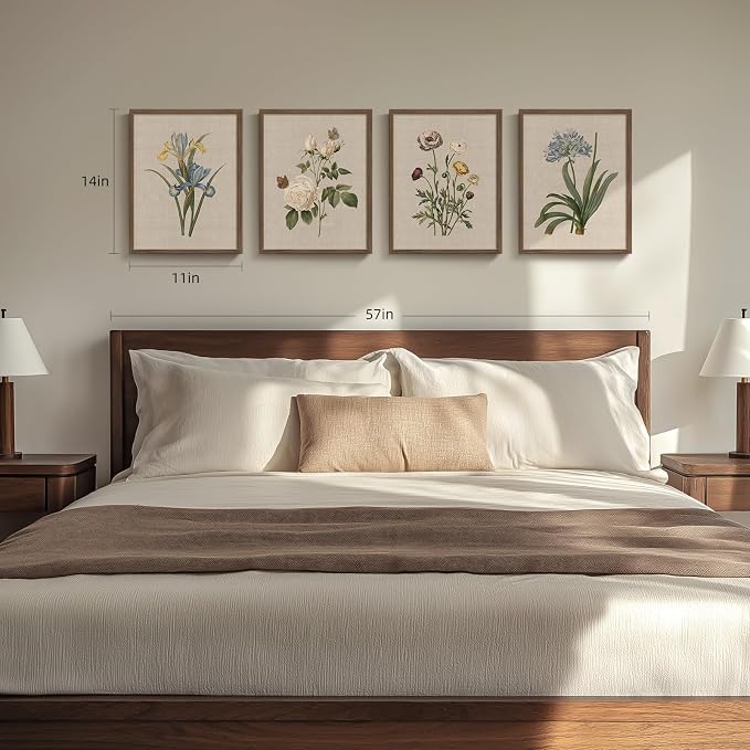Framed Botanical Floral Wall Art, 4 Piece Vintage Flower Canvas Painting Prints - Image 4