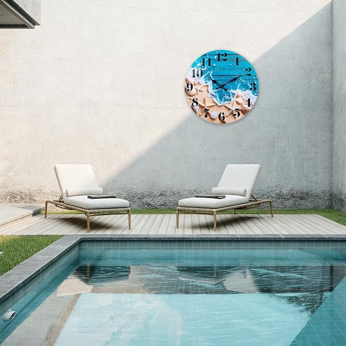 Indoor/Outdoor Clocks Waterproof, Glass Rustic Beach Decor Wall Clock - Image 4
