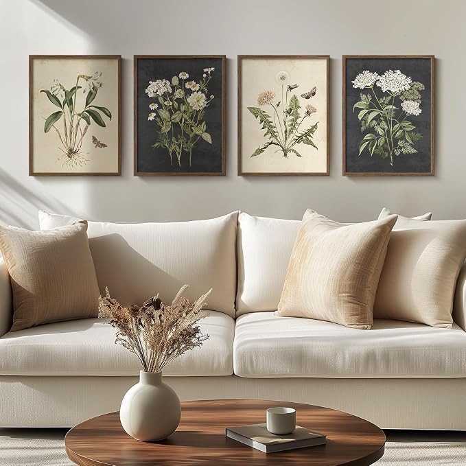 Framed Botanical Wall Art for Living Room, 4 Piece Rustic Floral Canvas - Image 8