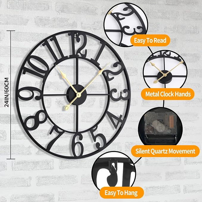 LEIKE Large Wall Clock, Battery Operated, Decorative Retro Black Metal Clock - Image 3