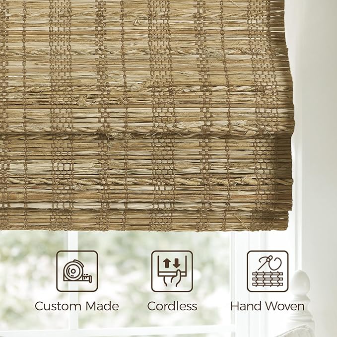 TWOPAGES Natural Woven Jute Roman Shades, Custom Cordless No Drill or Motorized - Image 6