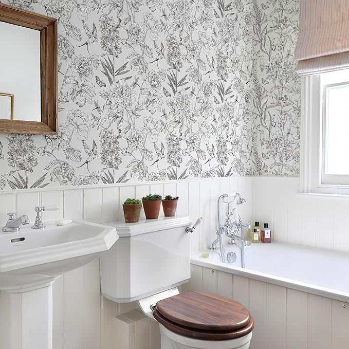 Jiffdiff White and Black Wallpaper Peel and Stick Sketched Peony Floral - Image 2