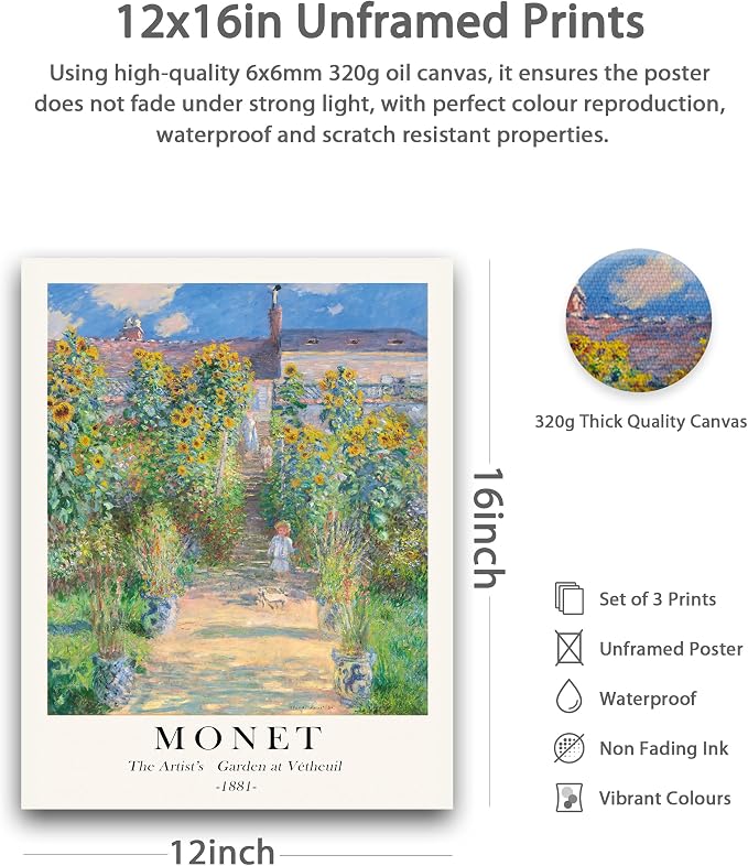 HesenDot Unframed Claude Monet Posters Set of 3, 12x16in Vintage Landscape - Image 2