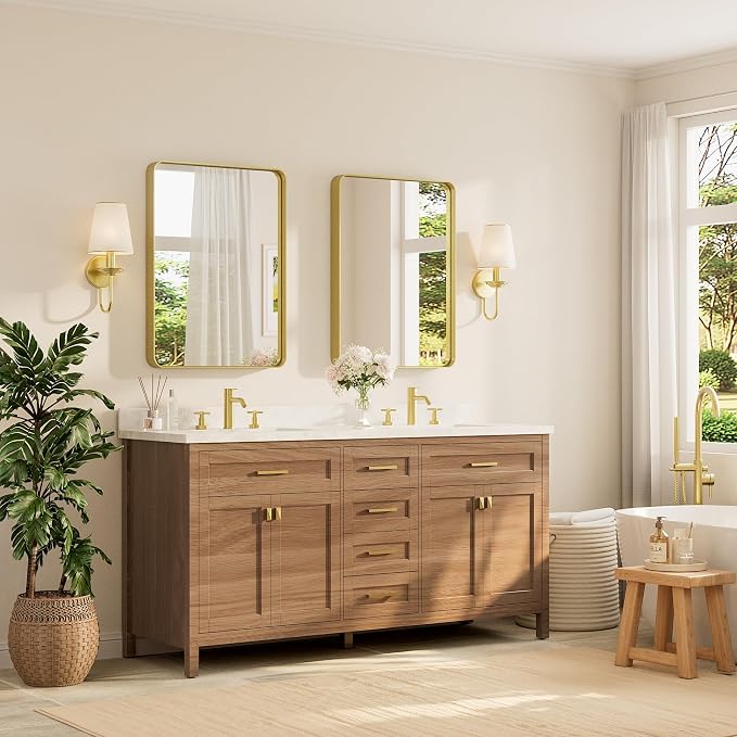 TETOTE Brushed Gold Bathroom Mirror, 24 x 32 Inch Metal Framed Mirror, Brushed - Image 2