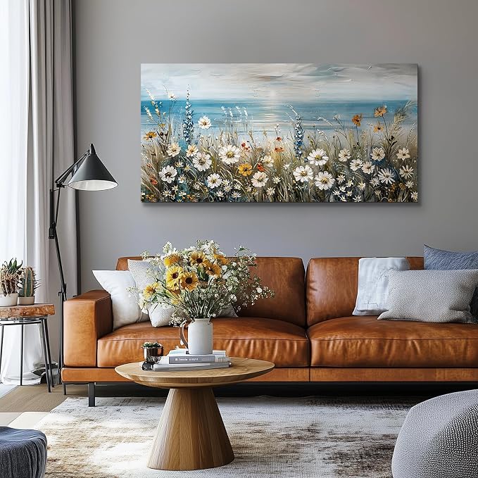 SERIMINO Coastal Landscape Wall Art Prints, Beach Daisy Large Canvas Prints - Image 2