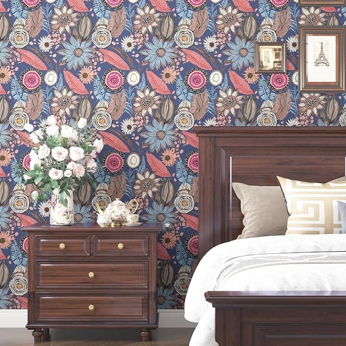Boho Wallpaper Peel and Stick, Vintage Blue Pink Floral Contact Paper, Retro - Image 2