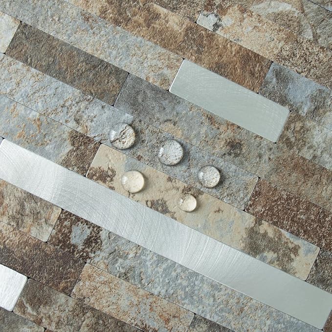 AULIGET 2 Sheets Beige & Brown Slate Peel and Stick Backsplash, PVC Mixed Metal - Image 3