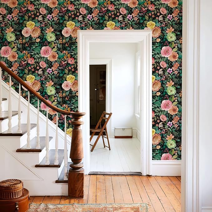 JiffDiff Dark Floral Peel and Stick Wallpaper 236.22" L x 17.7" W Black - Image 5