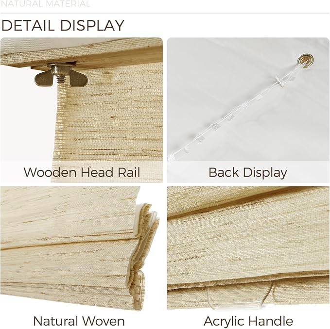TWOPAGES Natural Woven Ramie Roman Shades, Custom Cordless No Drill or - Image 6