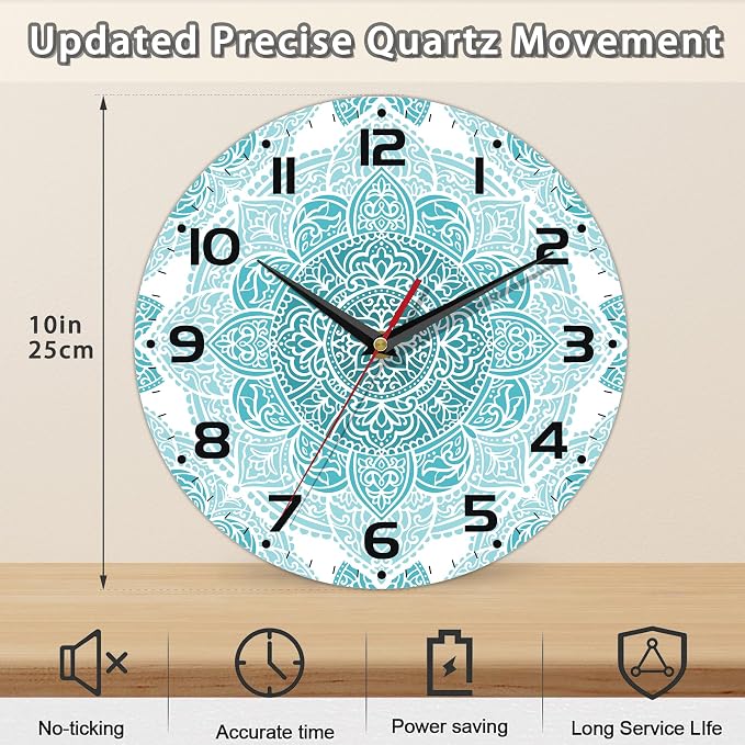 Teal Mandala Flower Wall Clock, Silent Non-Ticking, Battery Operated, Wooden - Image 2