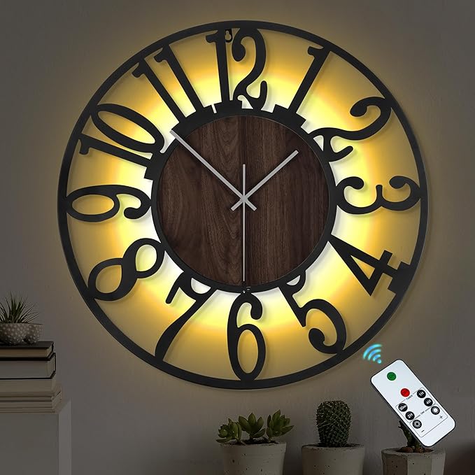 LEIKE Large Wall Clock 24'' Lighted Rustic Wood Clock by LEIKEWALLCLOCK