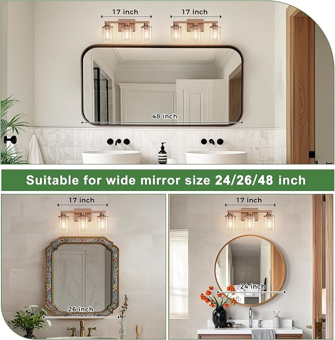 DORESshop 17 Inch Bathroom Light Fixtures, 3-Light Antique Patina Bathroom - Image 2