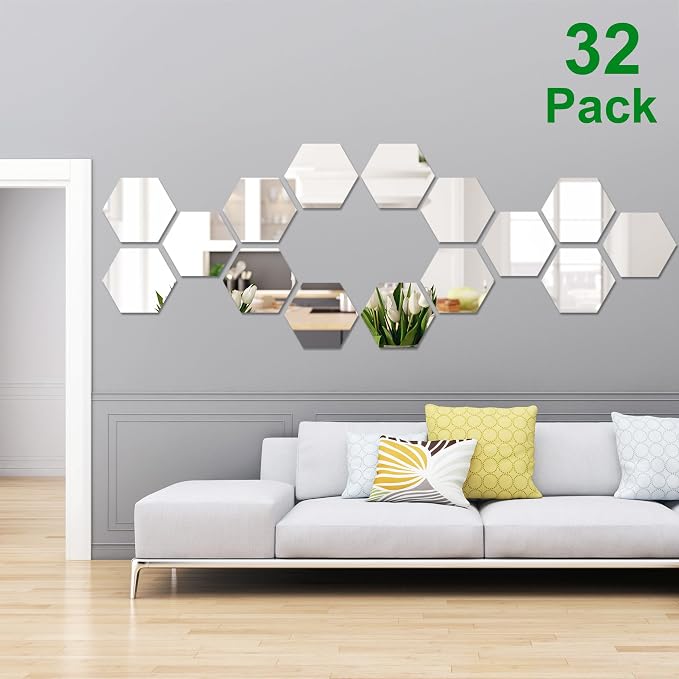 Shappy 32 Pcs Hexagon Mirror Wall Stickers Removable Silver Acrylic Mirror - Image 6