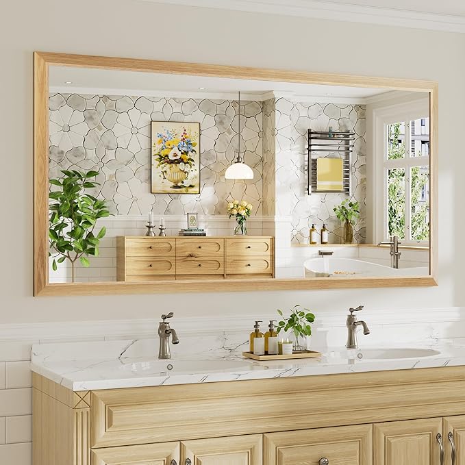 72x36 Inch Bathroom Mirror for Wall, Anti-Rust Oak Wood Grain Metal Framed by Briivuemodernmirrors