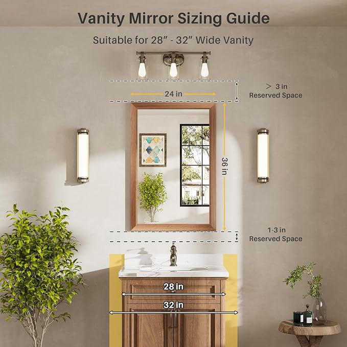 24x36 Inch Bathroom Mirror for Wall, Anti-Rust Walnut Wood Grain Metal Framed - Image 2