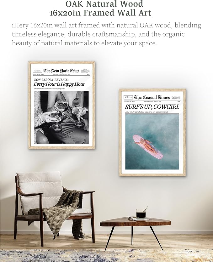 iHery Every Hour is Happy Hour Framed Trendy NewsPaper Wall Art, Natural OAK - Image 5