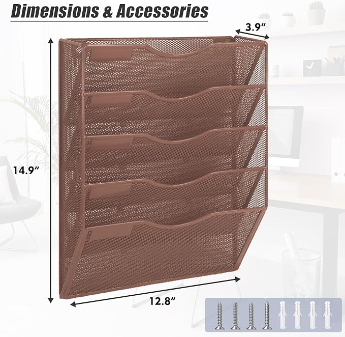 EASEPRES 5 Pocket Mesh Hanging Wall File Organizer, Wall Mounted Mail Paper - Image 2