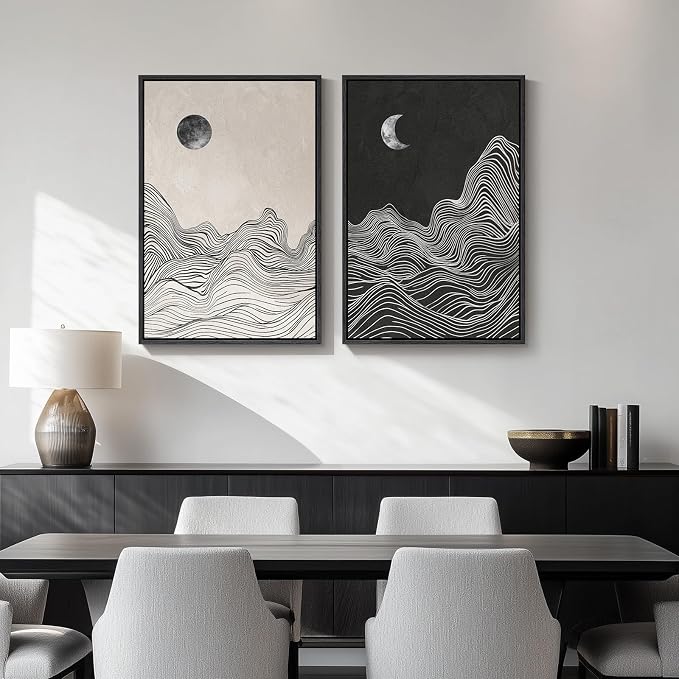 Framed Black and White Abstract Wall Art, 2 Piece Modern Canvas Prints by Cuspin