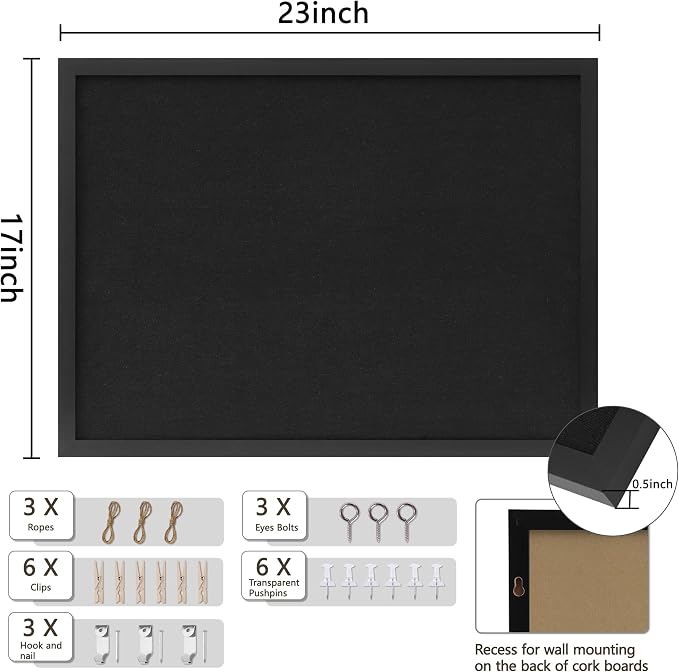 DAHAPYBOO Cork Board with Linen Black, Bulletin Board 23"x17", Corkboards - Image 3