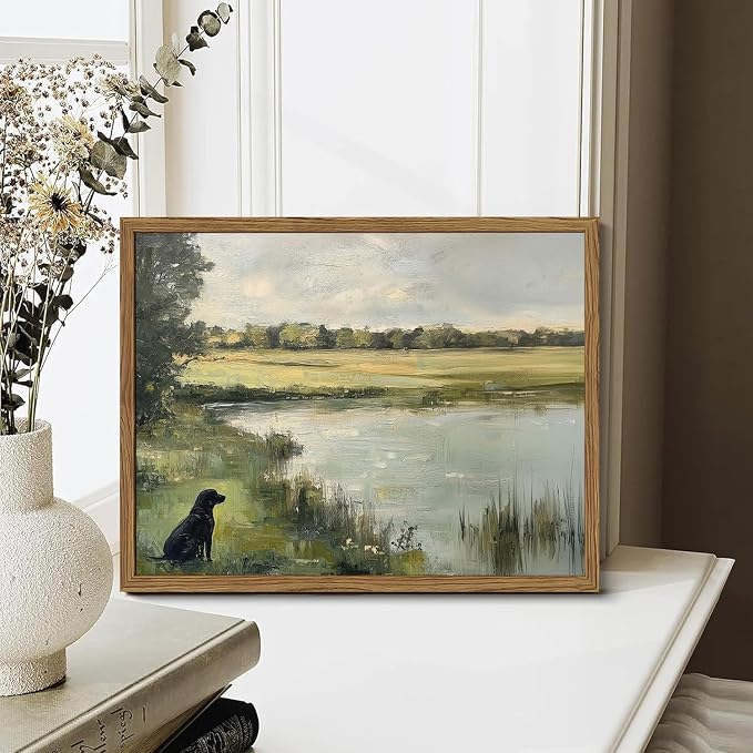 Framed Vintage Hunting Black Dog Wall Art, Rustic Country Nature Landscape - Image 6