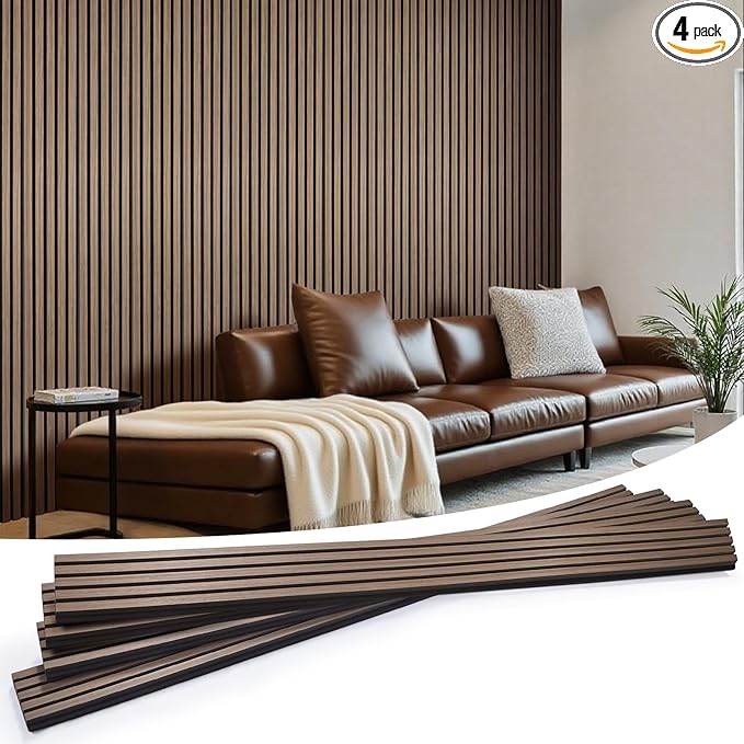 Wood Slat Wall Panels 4 Pack 94.5" x 7.9", Acoustic Wooden Panel by LARWORKS