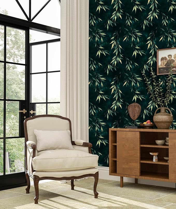 Dark Bamboo Leaves Peel and Stick Wallpaper, Moody Leaf Design Self Adhesive - Image 2