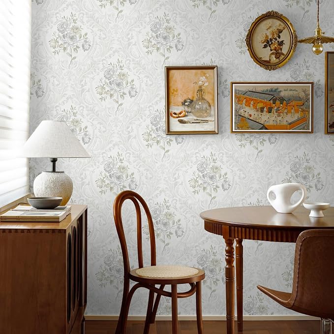Ismoon Floral Peel and Stick Wallpaper Vintage White and Grey Contact Paper - Image 5
