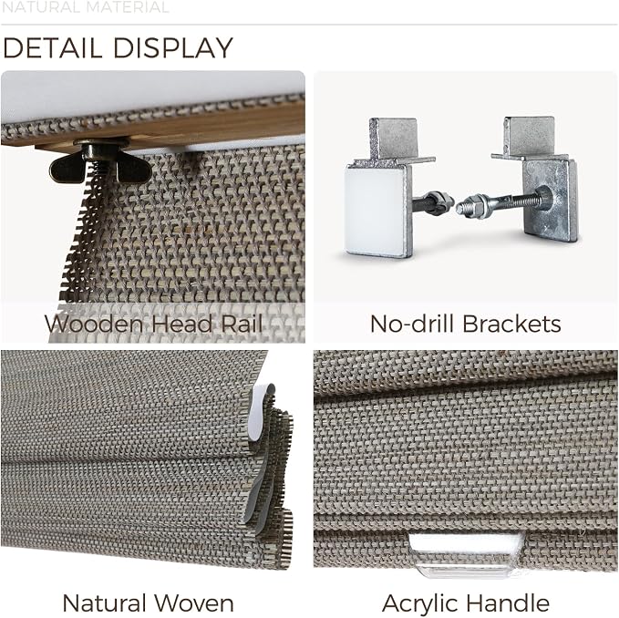TWOPAGES Natural Woven No Drill Roman Shades, Custom Cordless Blackout Bamboo - Image 3