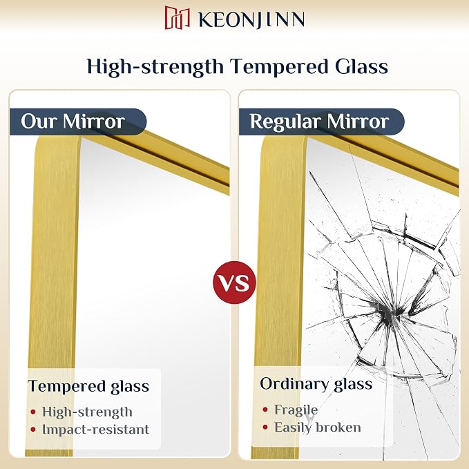 Keonjinn Brushed Gold Bathroom Mirror 48 x 30 Inch Large Rounded Rectangle - Image 5