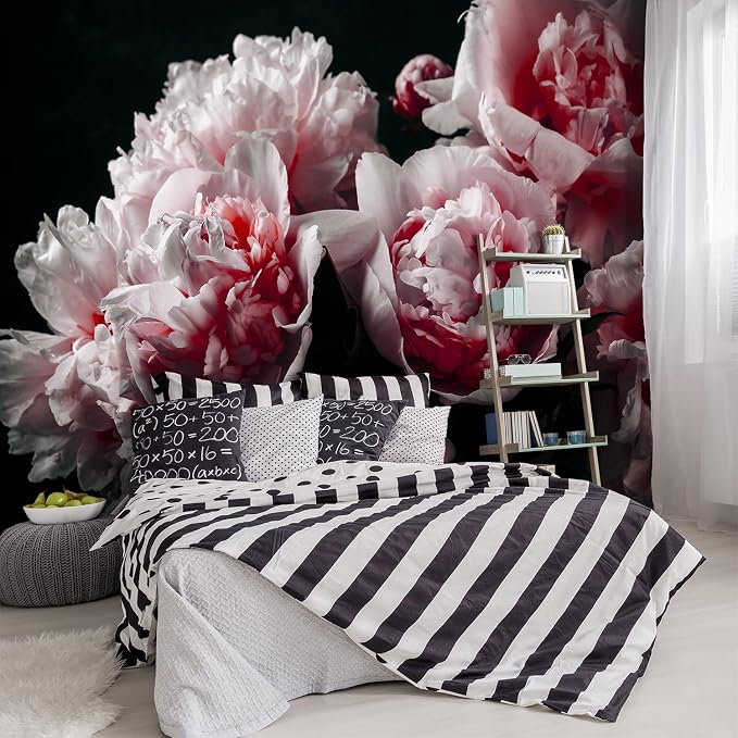 Black Peony Pink Floral Living Room Fabric Wallpaper Bedroom Bathroom Dark by YIHWM-PurchaseNow