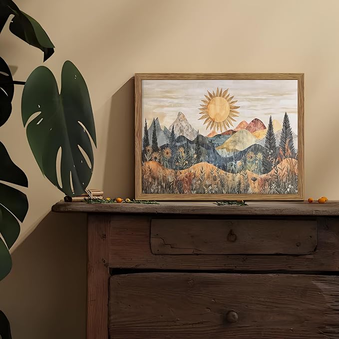Framed Boho Sun Canvas Wall Art, Modern Abstract Mountain Landscape Painting - Image 4