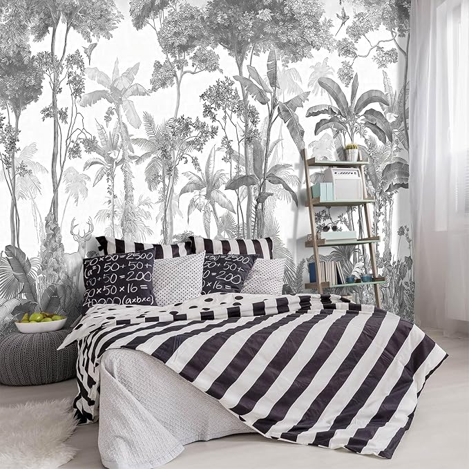 -Grey Jungle Botanical Animal Banana Leaf Fabric Wallpaper Living Room Tropical by YIHWM-PurchaseNow