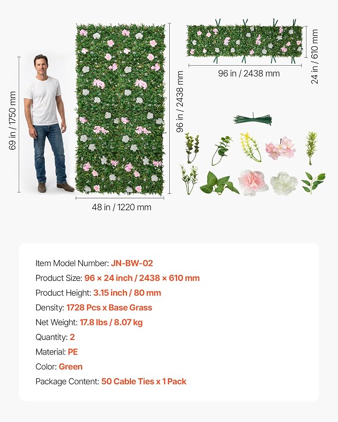 VEVOR Artificial Luxury‌ Flower Wall Backdrop, Each Panel 2 x 8 ft, Gorgeous 3D - Image 7