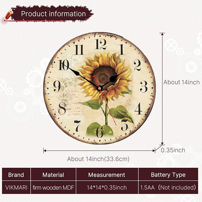 VIKMARI Art Decorative Arabic Numeral Wooden Wall Clock Battery Operated Quartz - Image 3