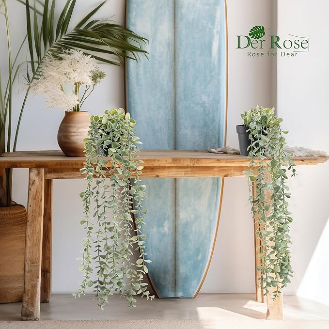 Der Rose 3Pcs Fake Plants Hanging Artificial Decor Faux Potted Eucalyptus Plants - Image 6