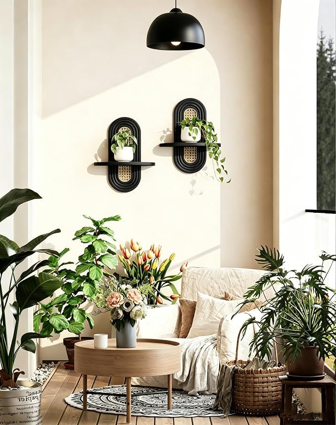 Floating Shelves for Wall, Boho Home Wall Decor, Rattan Plant Shelf Set of 2 - Image 2