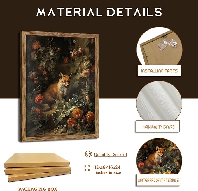Framed Dark Academia Fox Canvas Wall Art, Sitting Fox Surrounded by Flowers - Image 5