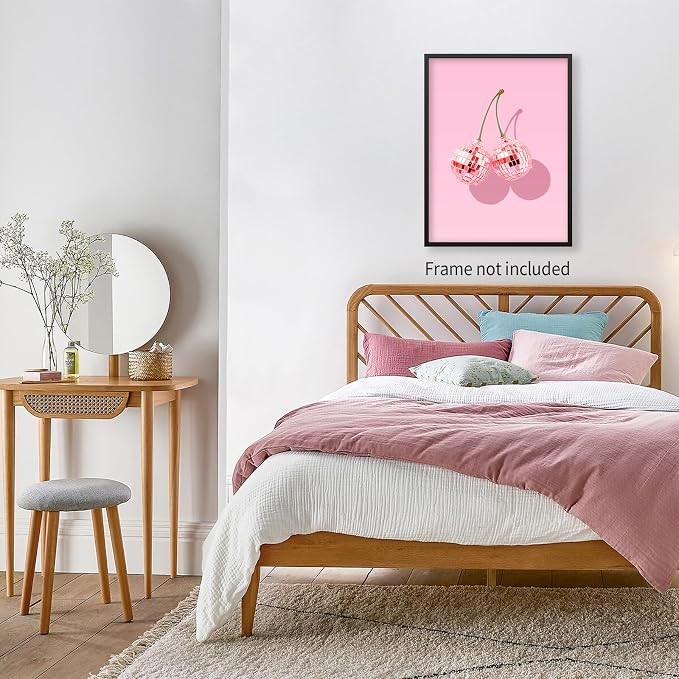 jkahh Pink Disco Ball Cherry Poster Retro Funky Preppy Fruit Wall Art Trendy - Image 7