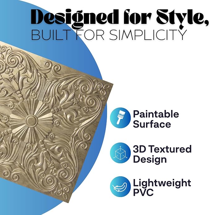 Art3d 12-Pack PVC Drop Ceiling Tiles, 2ft x 2ft, Floral Gold - Image 3