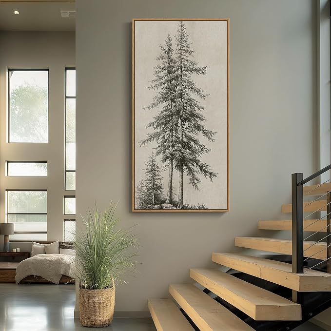 Framed Vertical Vintage Sketch Tree Living Room Wall Art, Large Black Beige - Image 8