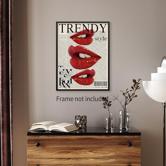 jkahh Trendy Y2k Newspaper Wall Art Vintage Red Lips Kiss Prints Poster Fashion - Image 5