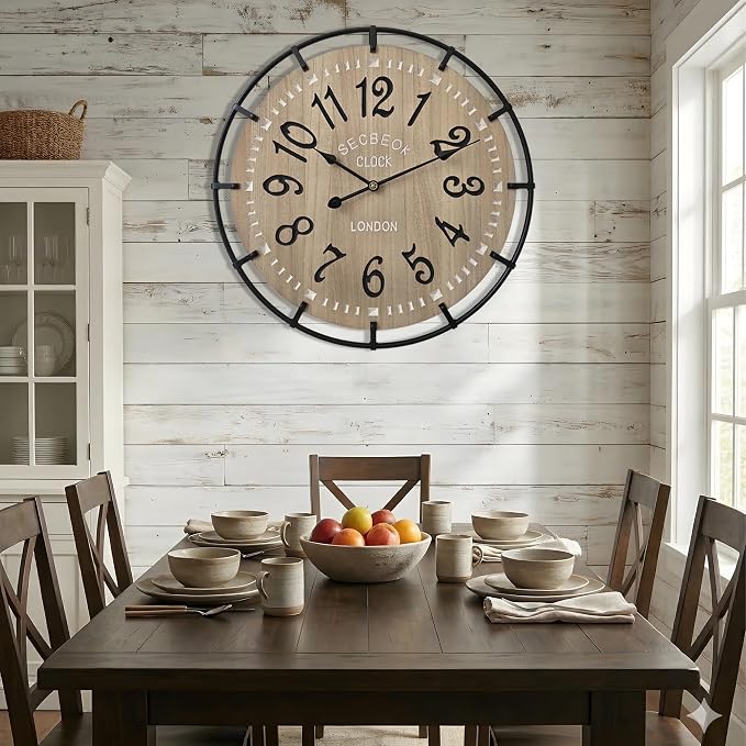 24 Inch Large Farmhouse Wall Clock, Metal Rustic Wood - Image 3