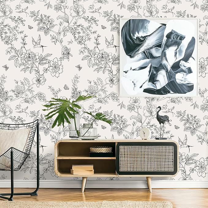 Froluya Black and Cream White Floral Wallpaper Peel and Stick Wallpaper - Image 2