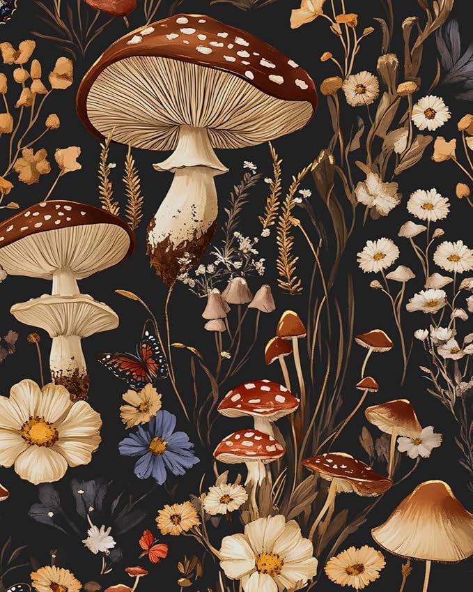 BOKEBEVE Extra Long Mushroom Peel and Stick Wallpaper Vintage Wallpaper Floral by BOKEBEVE