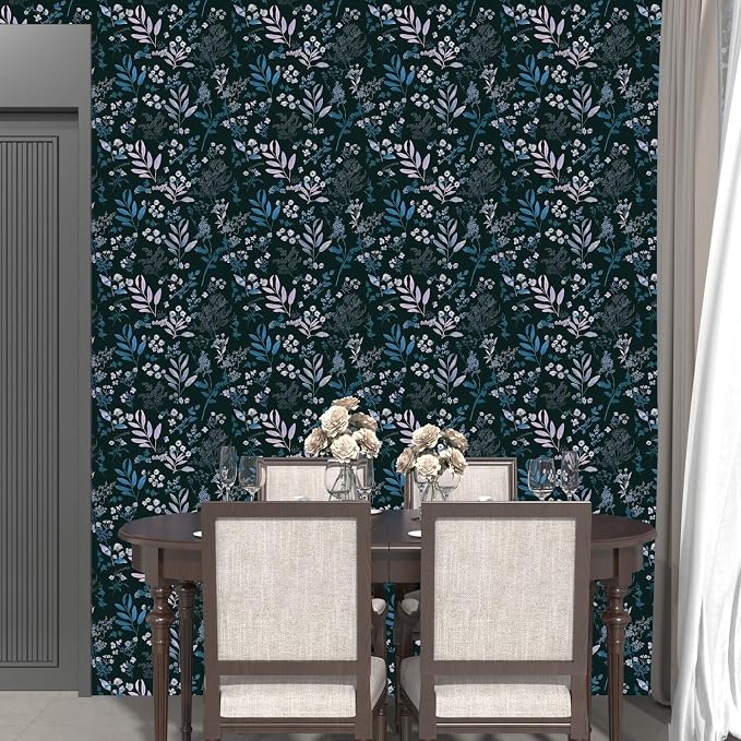 Laatse Vintage Blue Wallpaper Peel and Stick Dark Pink Floral Wallpaper 17.5'' - Image 4